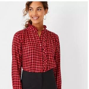 Ann Taylor Red Plaid Shimmer Ruffle Button Up Shirt Holiday Womens L Christmas